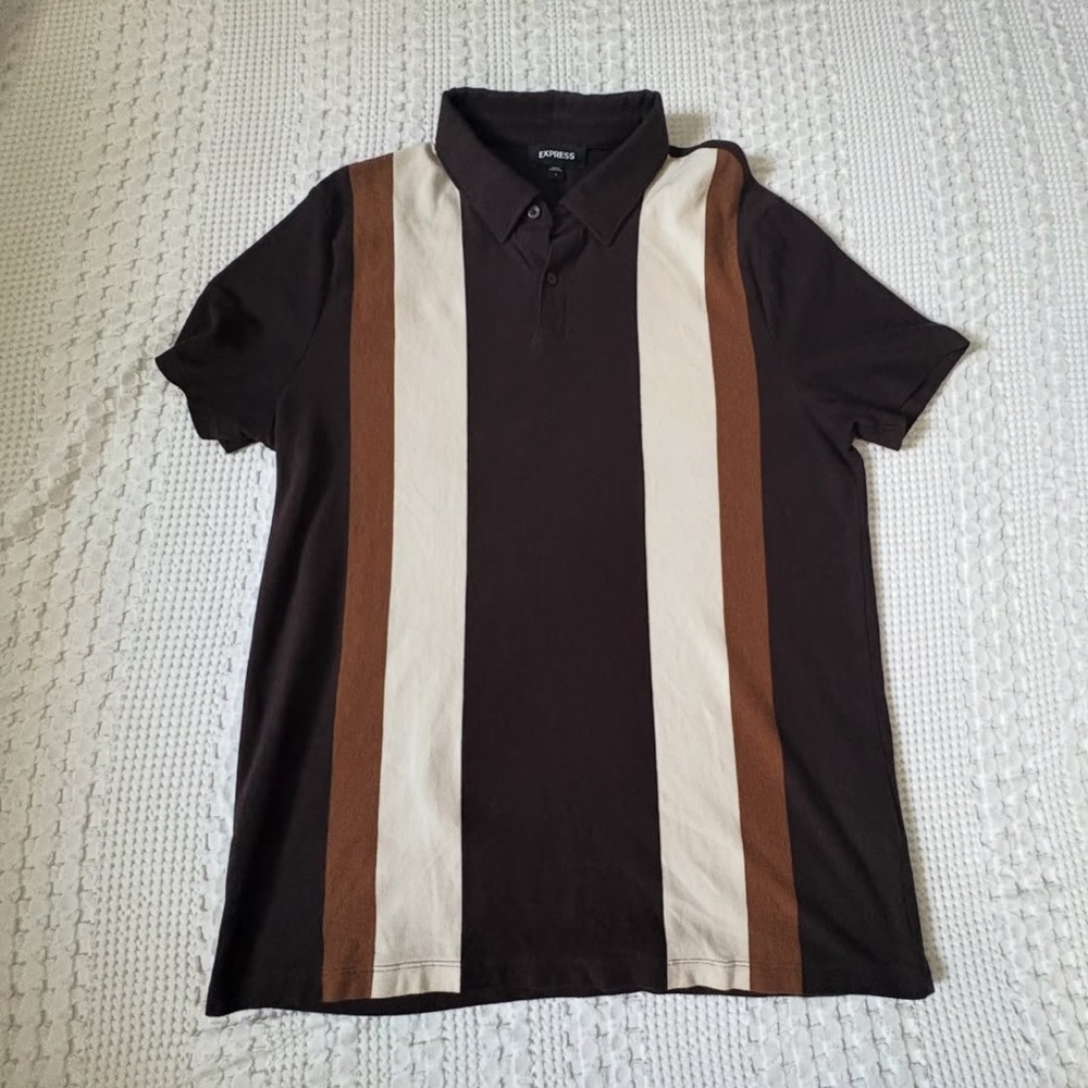 Express Men's Polo with Black, Brown, and Cream Stripes